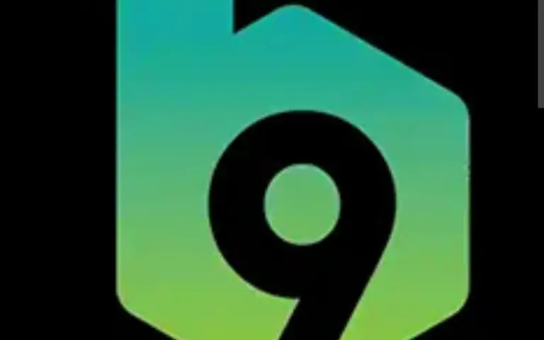 B9 Game logo with a bold black number 9 inside a green and blue gradient hexagonal shape on a black background.