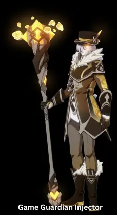 Fantasy mage with glowing staff in gold-accented outfit, symbolizing Game Guardian Injector power and control.

