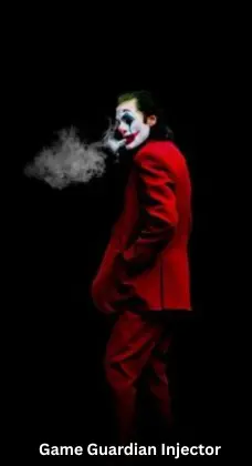 Joker character in a red suit with smoke, representing Game Guardian Injector and game hacking vibe.