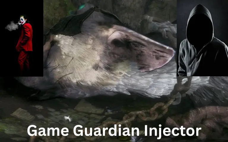 Game Guardian Injector image showing a chained rat, a hooded figure, and a Joker character symbolizing game hacking themes.